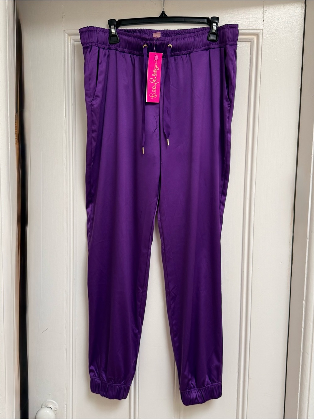 Lilly Pulitzer Purple Satin Drawstring Jogger Pants, size Large, NWT